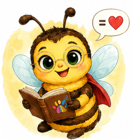 Bibi the Super Bee, the bilingual language bridge with her red cape and glasses