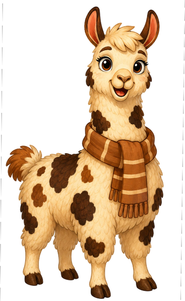 Manchas, the spotted llama mascot with a brown striped scarf