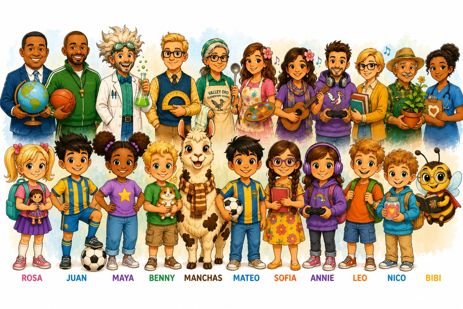 The whole Manchas Universe crew — all 11 kids and mascots and all 11 Oro Valley Elementary teachers together in one storybook scene