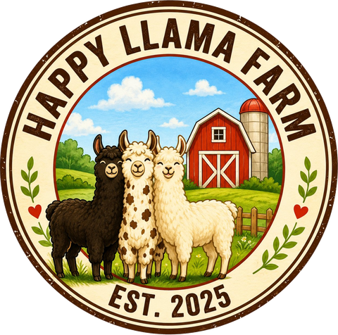 Happy Llama Farm vintage badge — three llamas in front of a red barn and silo, with the herd seal and EST. 2025