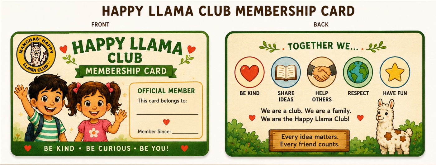 The Happy Llama Club Membership Card — front and back. Front shows Juan and Rosa waving with the brand logo, "OFFICIAL MEMBER" label, blank lines for the member's name and member-since date, and the motto BE KIND · BE CURIOUS · BE YOU. Back shows five value icons: BE KIND, SHARE IDEAS, HELP OTHERS, RESPECT, HAVE FUN. Reads "We are a club. We are a family. We are the Happy Llama Club!" with a wooden sign that says "Every idea matters. Every friend counts." Manchas the spotted llama peeks out from grass.