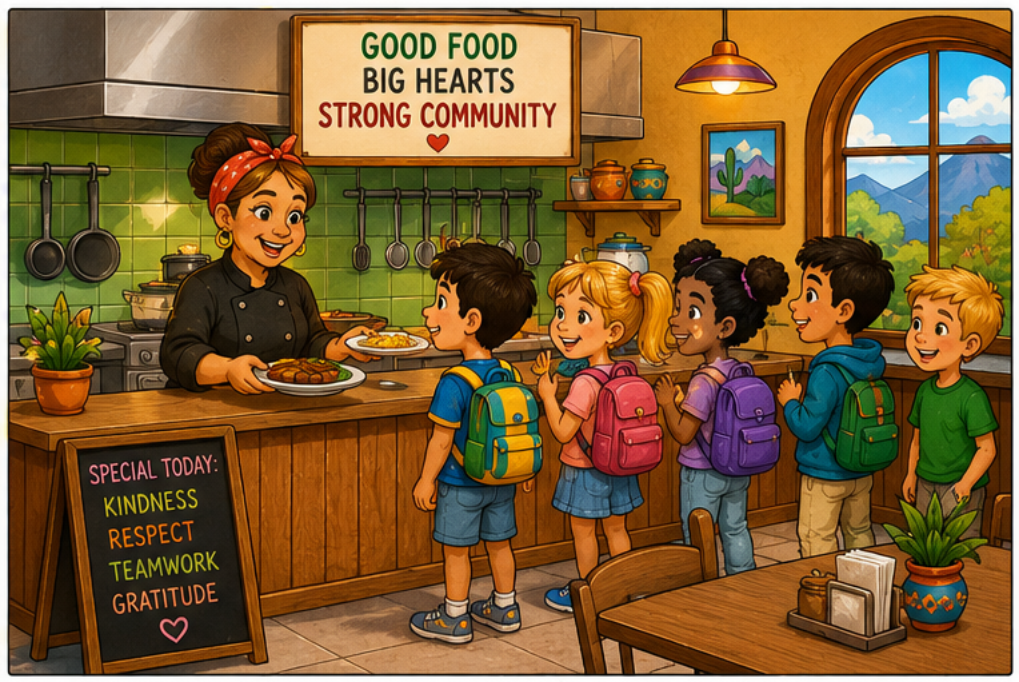 Carmen at the kitchen counter of Restaurante Oro Valley, wearing chef whites and a red bandana, serving a plate to the kids who are lined up with their backpacks. The "Special Today" chalkboard lists: Kindness, Respect, Teamwork, Gratitude.