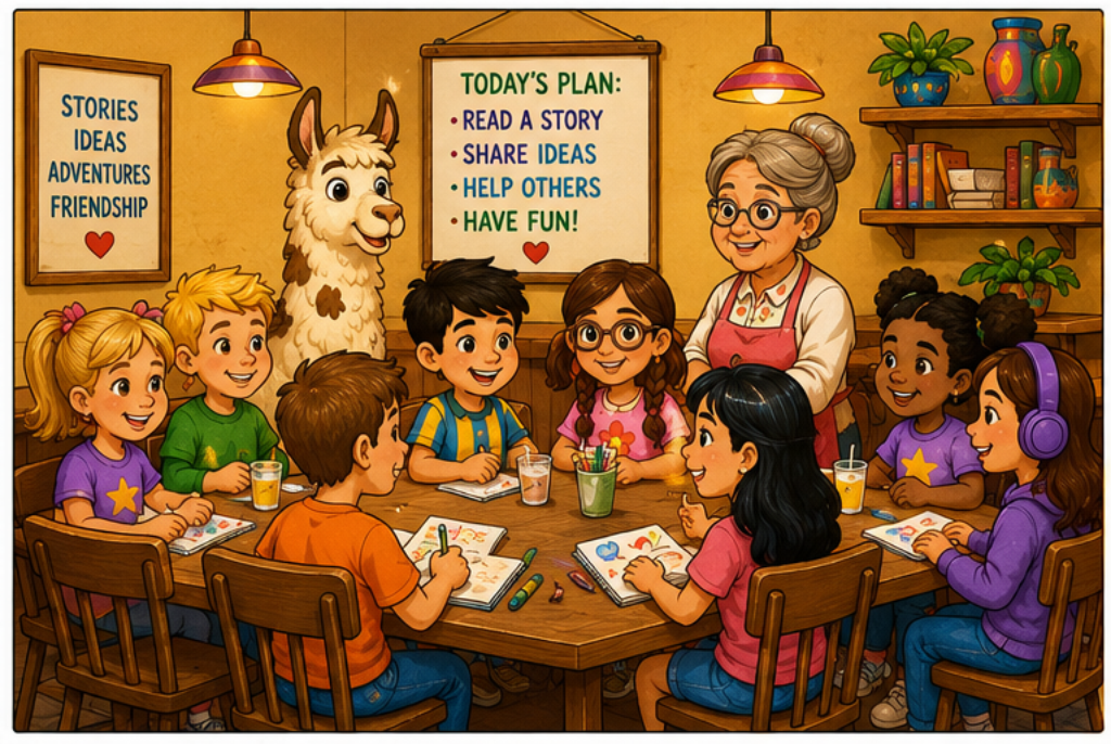 The Happy Llama Club around the wooden table at Restaurante Oro Valley — Manchas the spotted llama sits with the kids, Carmen stands behind them, and the "Today's Plan" board lists the day's objectives: Read a story, Share ideas, Help others, Have fun