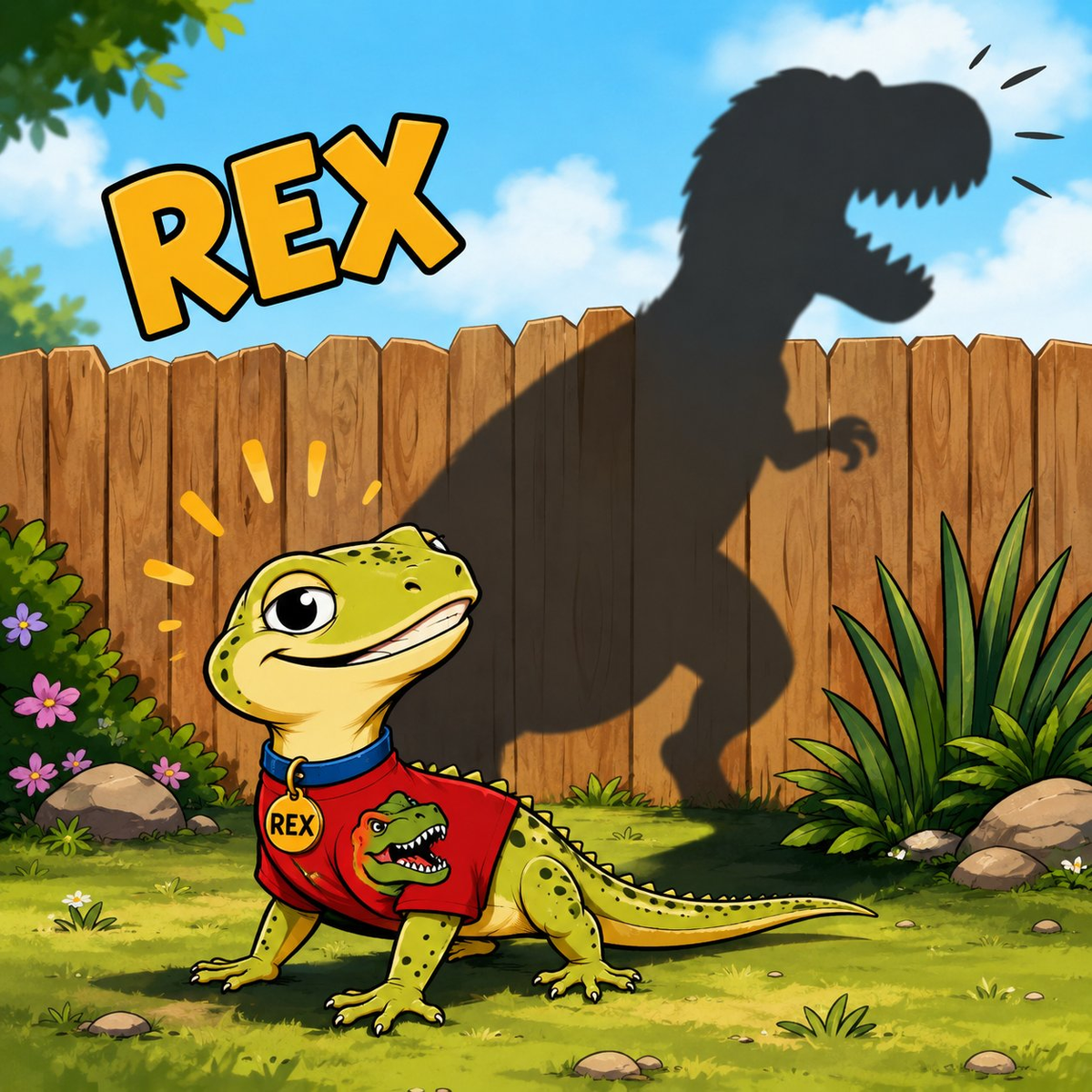 A small green lizard in a backyard, with a giant T-rex shadow on the fence behind him — the visual proof that what you see in someone shapes who they get to be